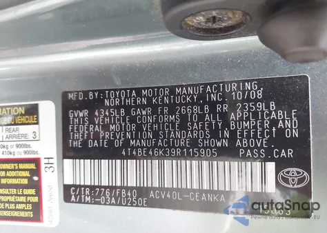 2009 Toyota Camry Le from USA, damaged, VIN 4T4BE46K39R115905